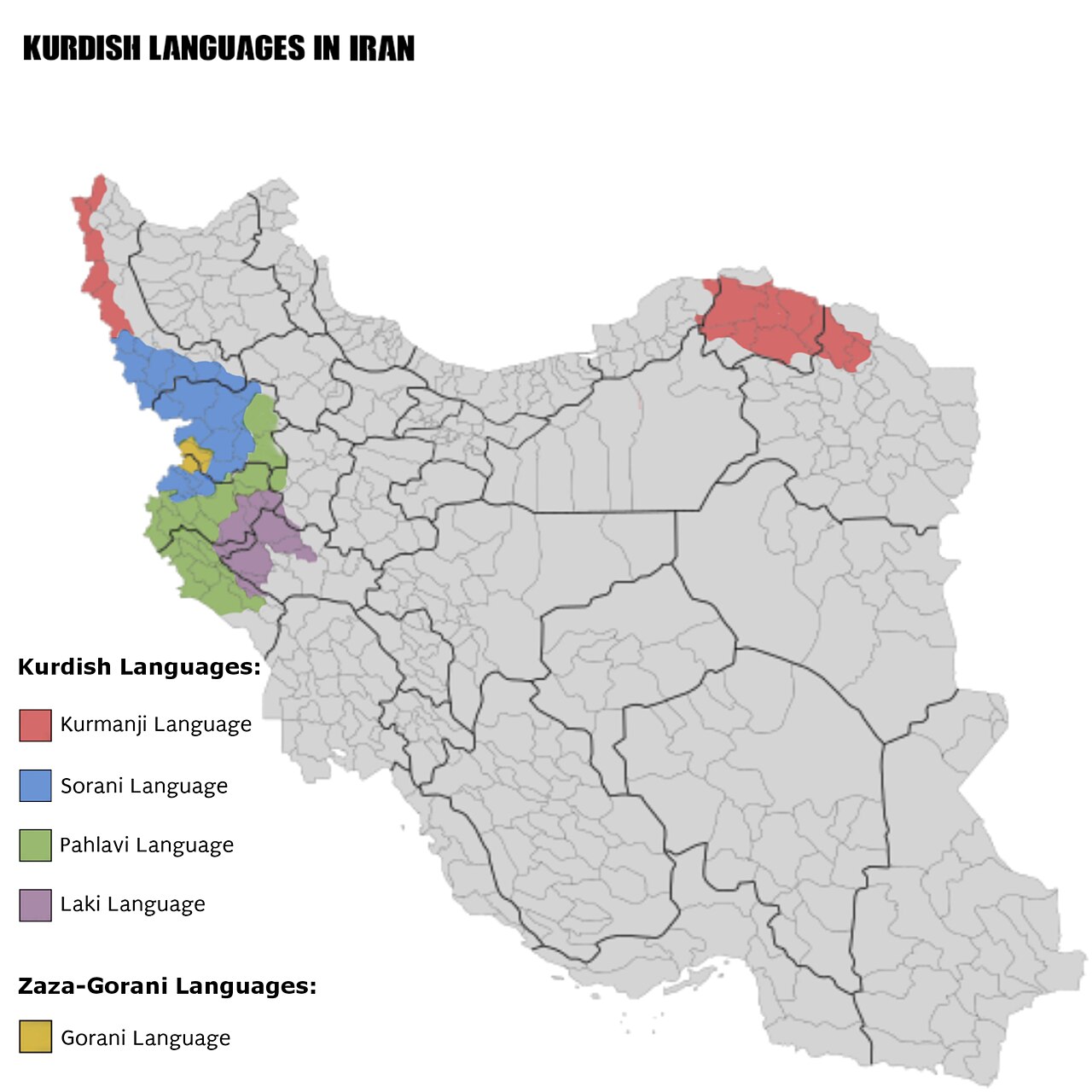 Map of Kurdish languages in Iran