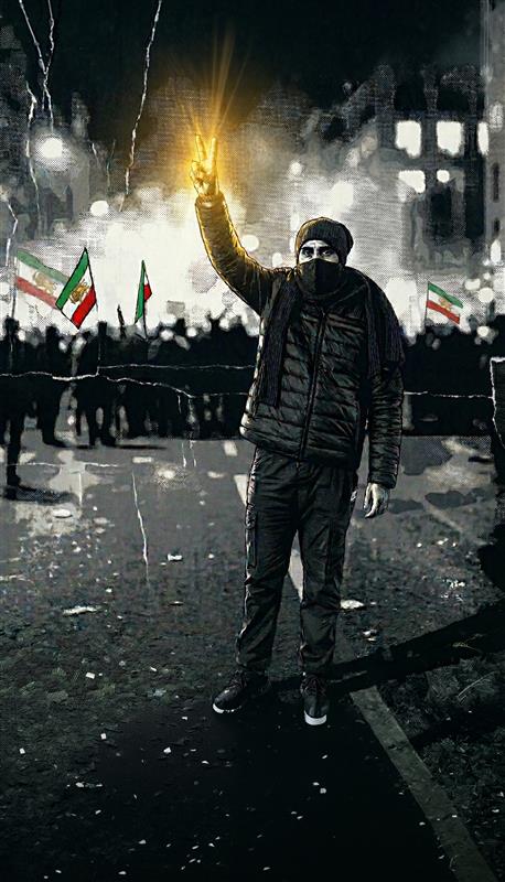 Portret Alirezy Safavi Fazeli pokazującego znak zwycięstwa, zabitego 8 stycznia 2026 r.
