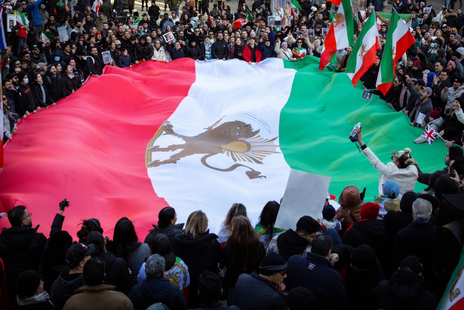 Lion and Sun flag at a London rally for a free Iran